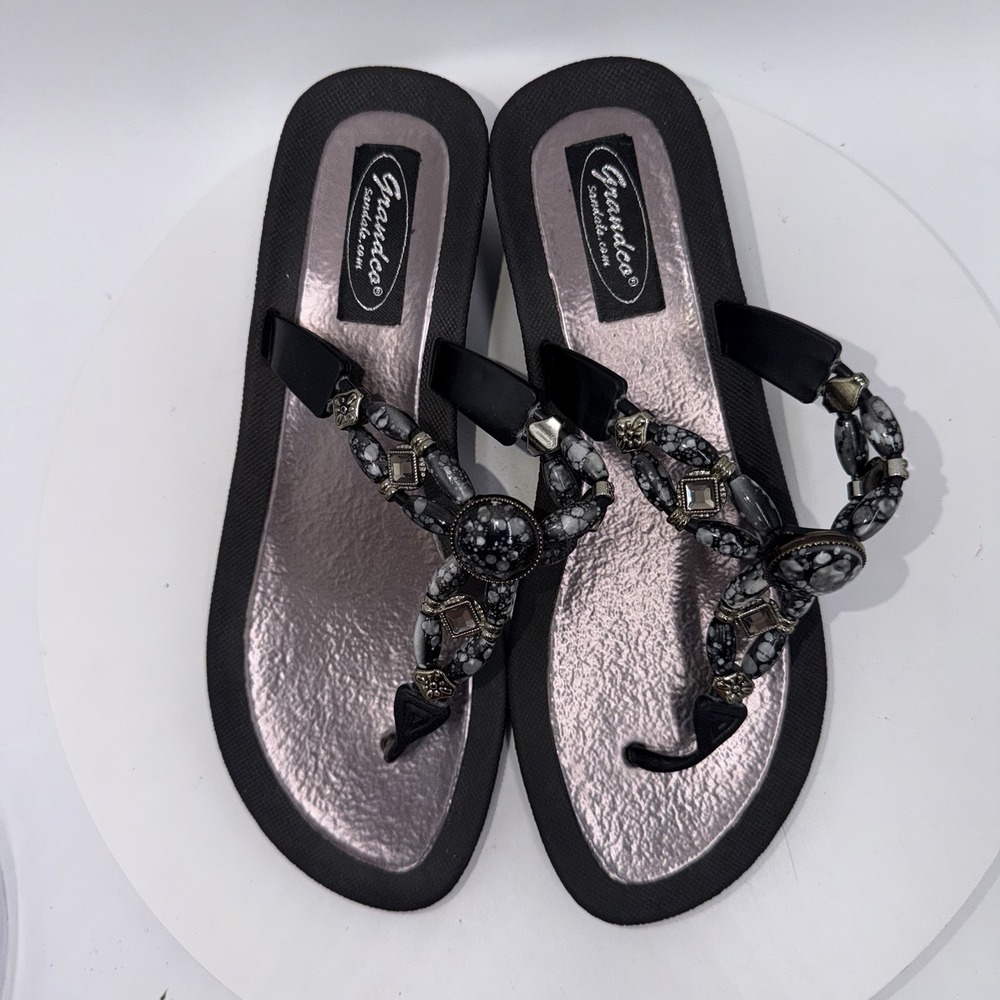 Grandco Sandals Beaded Jeweled Dressy Beach Thong Wedges Marble Stone Women's 8 - Picture 5 of 8